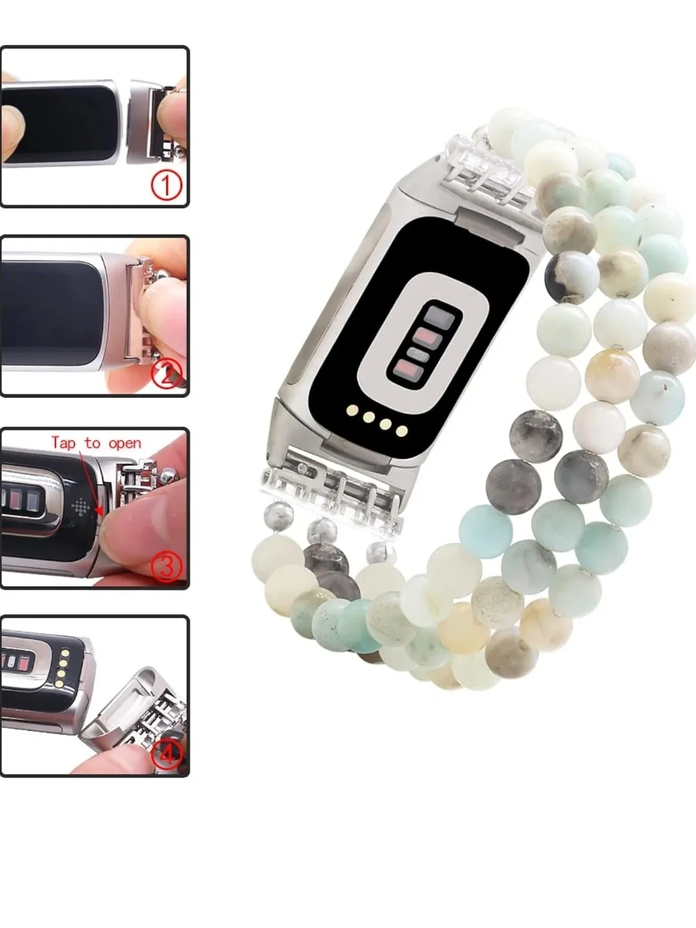 Fitbit Amazonite Beaded Replacement Band in Pastel Multi Tones STAINLESS STEEL